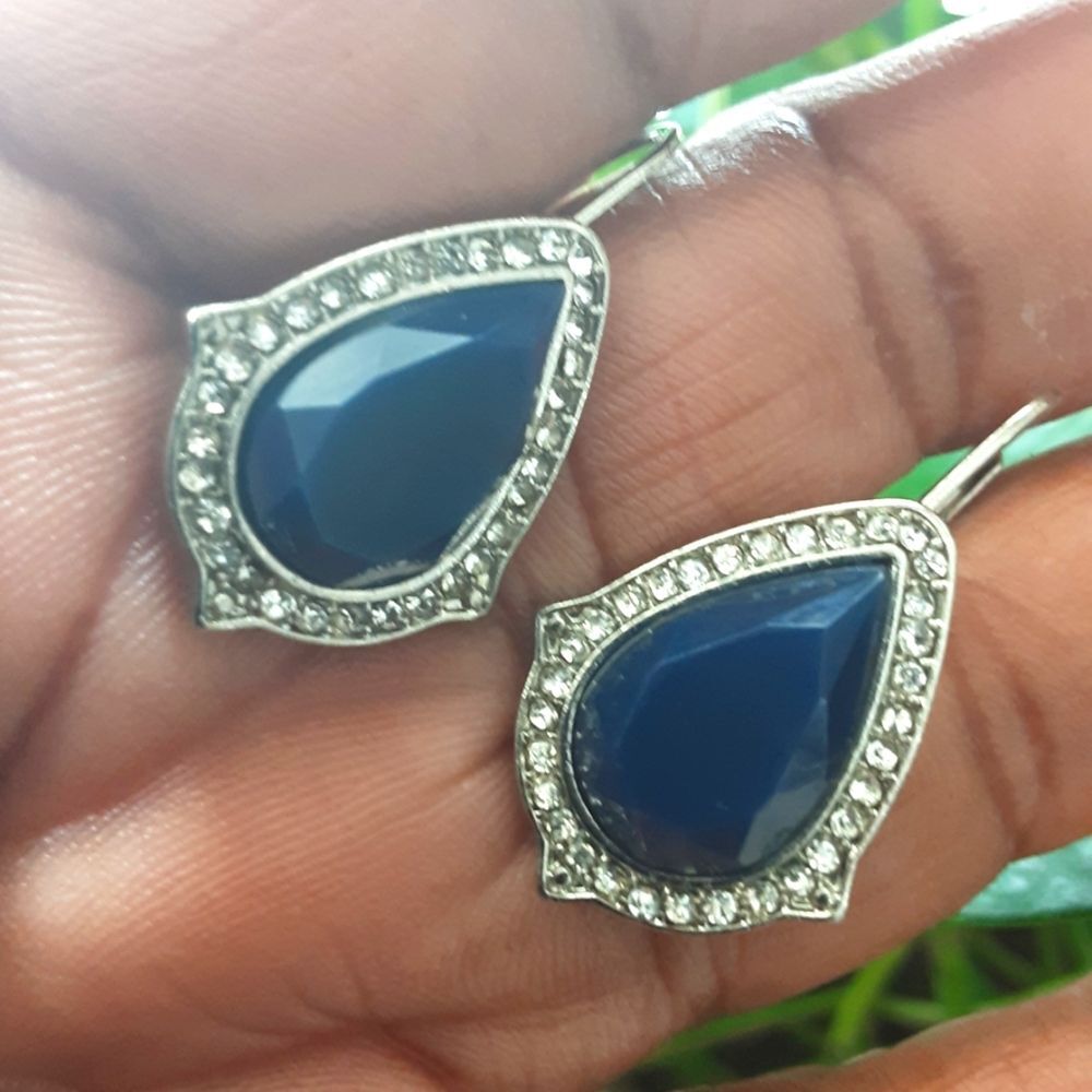 SAPPHIRE Blue Simulated Pear Cut Teardrop CZ Silver Finish Pierced Earrings